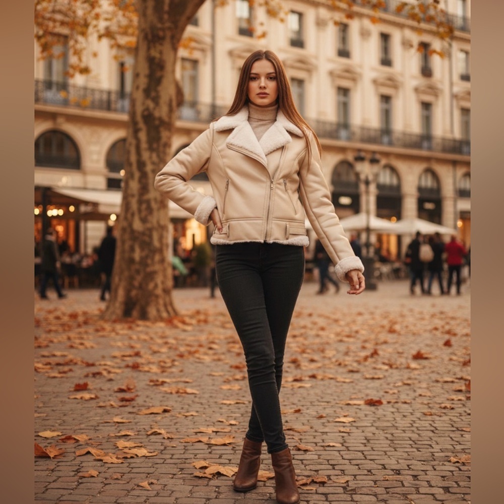 Elegant Cream PU Leather Jacket with Shearling Trim